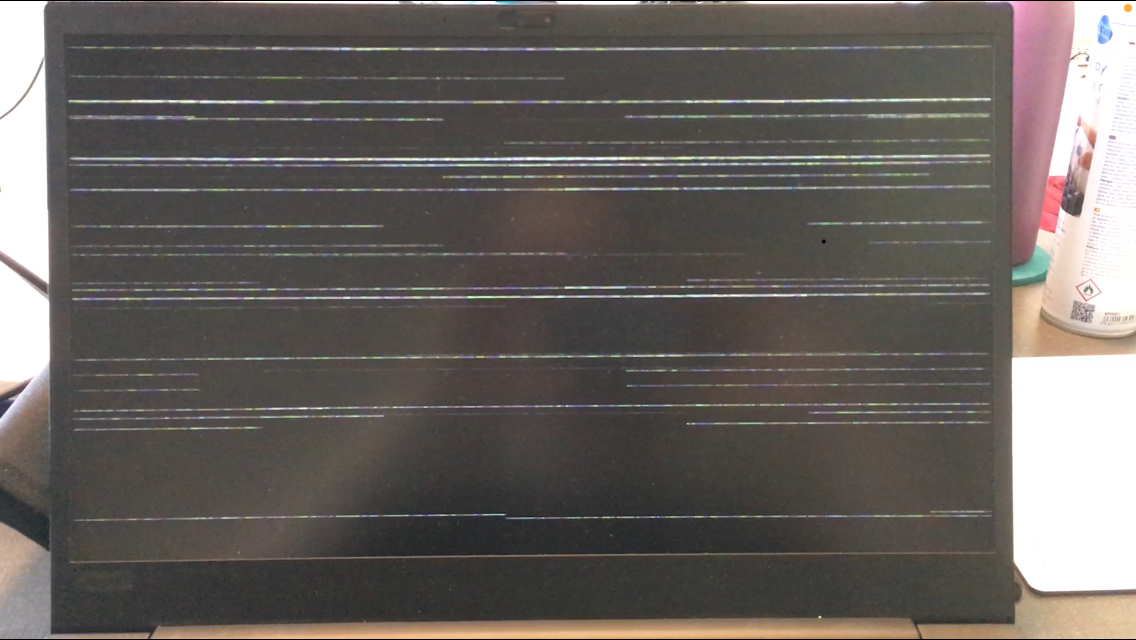 Black laptop screen, except for some random coloured lines. Like cat-ing /dev/random